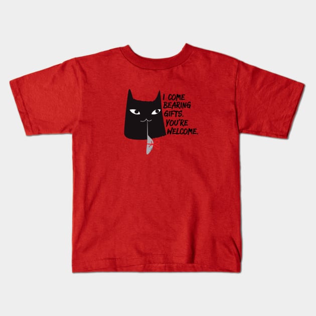 Naughty Christmas Cat I Come Bearing Gifts Kids T-Shirt by blueavocado